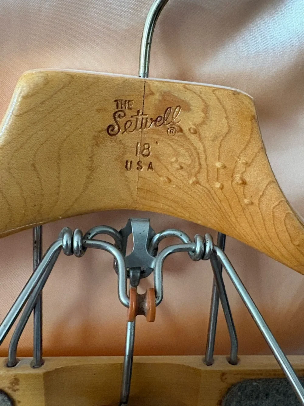 Vintage USA wooden Setwell clothing hanger with clamp